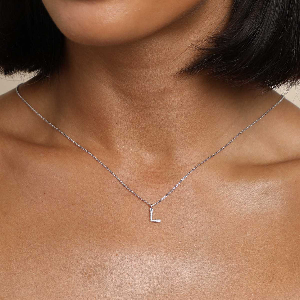 Gemstone Necklaces - L Initial Pavé Pendant Necklace in Silver - Pendant Necklace - Astrid &amp; Miyu