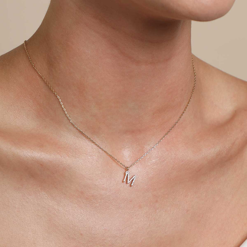18k Gold Plated Jewellery - M Initial Pavé Pendant Necklace in Gold - Pendant Necklace - Astrid &amp; Miyu