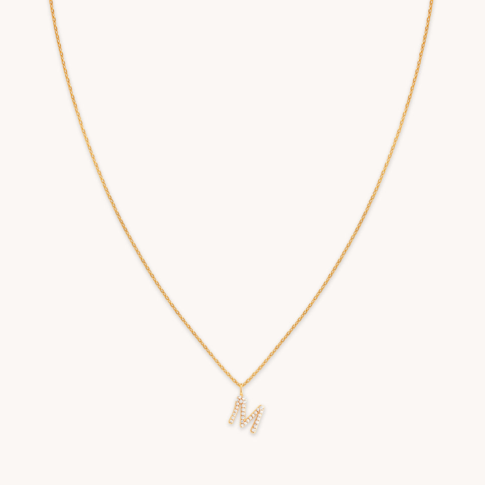 18k Gold Plated Jewellery - M Initial Pavé Pendant Necklace in Gold - Pendant Necklace - Astrid &amp; Miyu