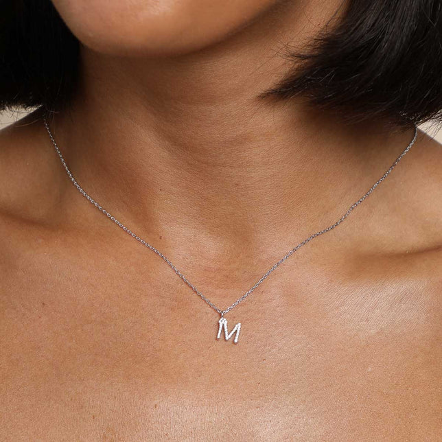 Gemstone Necklaces - M Initial Pavé Pendant Necklace in Silver - Pendant Necklace - Astrid &amp; Miyu
