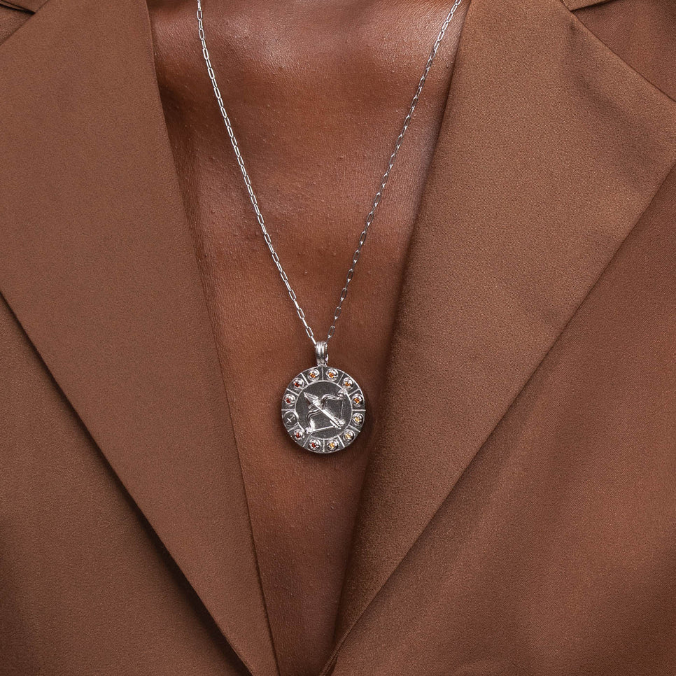 Sagittarius Bold Zodiac Pendant Necklace in Silver worn