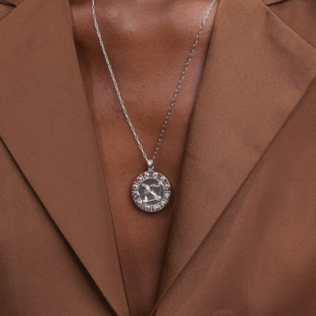 Sagittarius Bold Zodiac Pendant Necklace in Silver worn