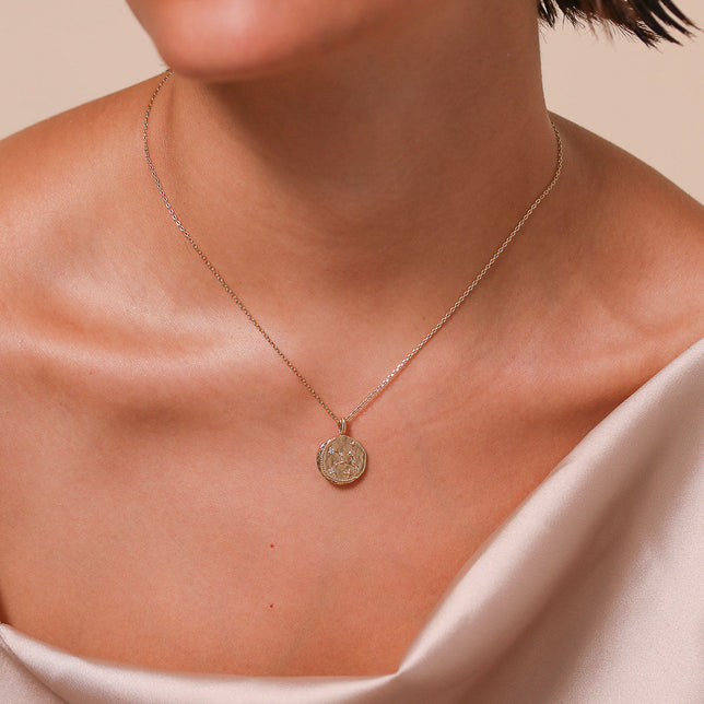Virgo Zodiac Pendant Necklace in Gold worn